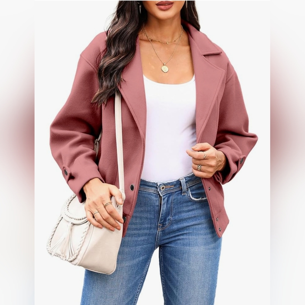 Ladies Pink Size Large Cropped Wool Moto Biker Jacket